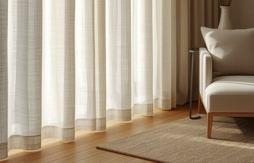 Rideaux ripplefold sur mesure dans un salon lumineux.
