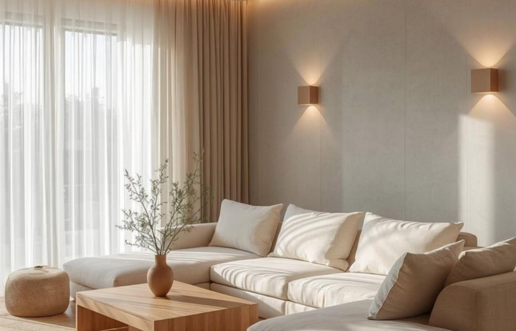 Voilage ripplefold sur mesure dans un salon moderne.