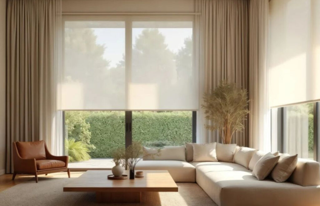 Salon avec rideaux sur mesure et toiles opaques pour contrôler la lumière naturelle