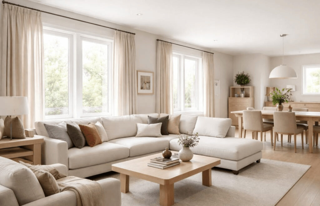 Rideaux sur mesure couleur neutre dans un salon lumineux avec grandes fenêtres