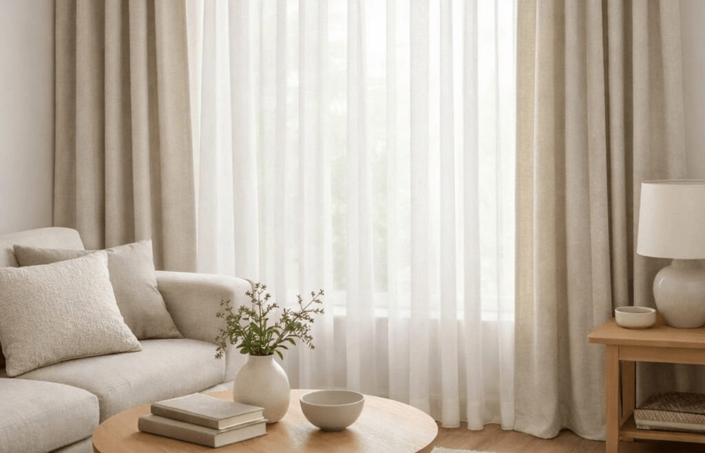 Rideaux sur mesure avec voilage dans un salon moderne lumineux avec grande fenêtre