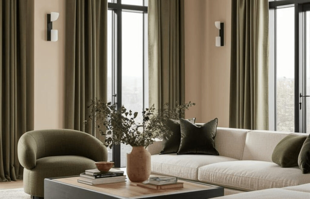 Rideaux sur mesure en tissu épais vert foncé dans un salon avec grandes fenêtres