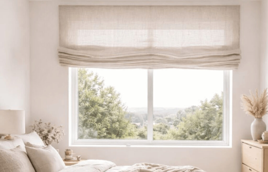 Store romain dans une chambre minimaliste avec grande fenêtre et lumière naturelle