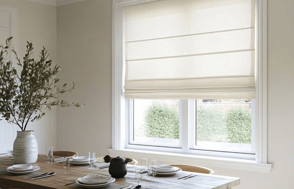 Store romain en tissu clair dans une salle à manger moderne avec grande fenêtre