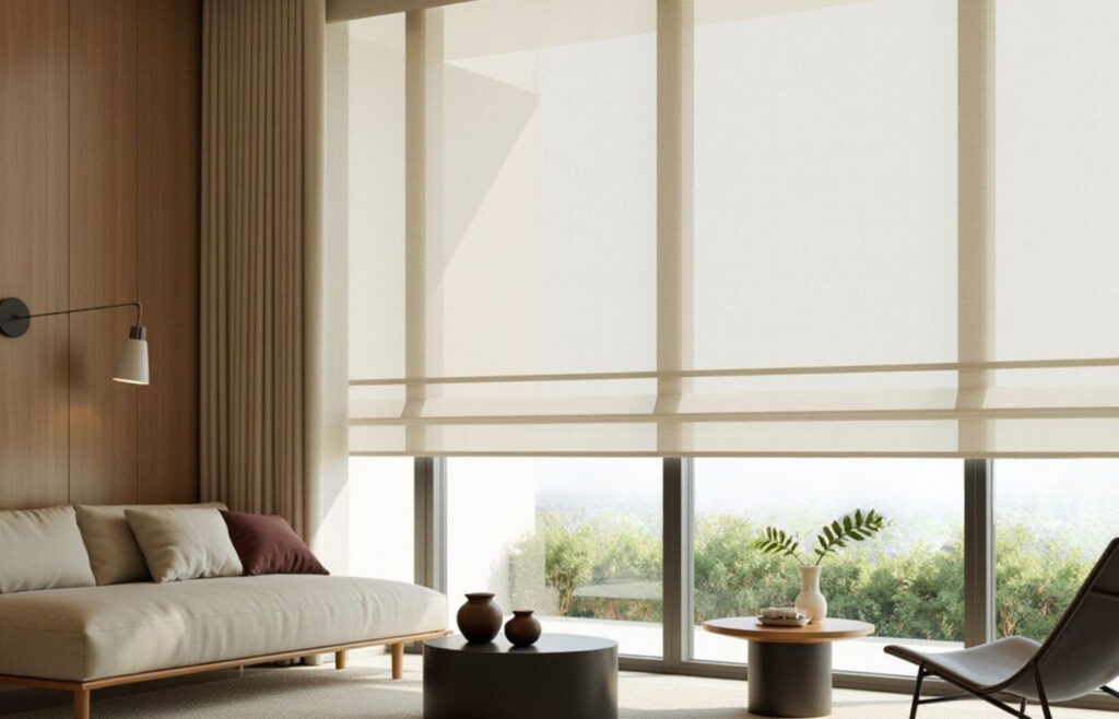 Store romain beige dans un salon moderne permettant de filtrer la lumière naturelle