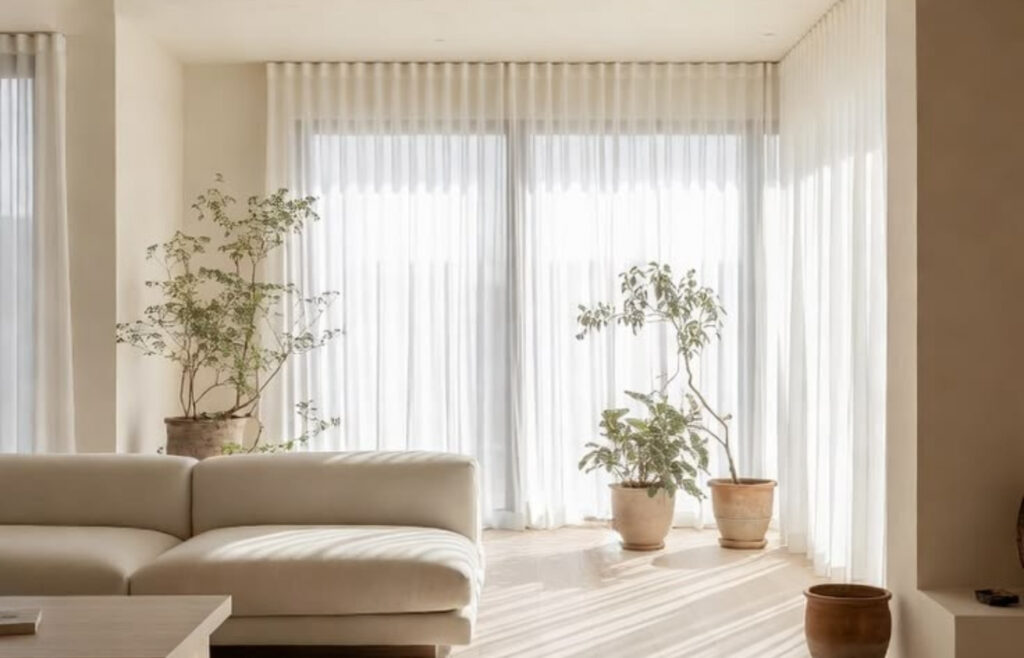 Rideaux voilage blancs installés dans un salon moderne laissant entrer la lumière naturelle