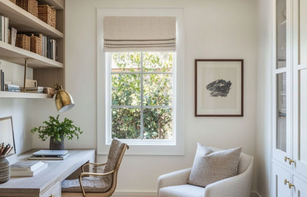 Store romain beige installé dans un bureau à domicile avec lumière naturelle filtrée