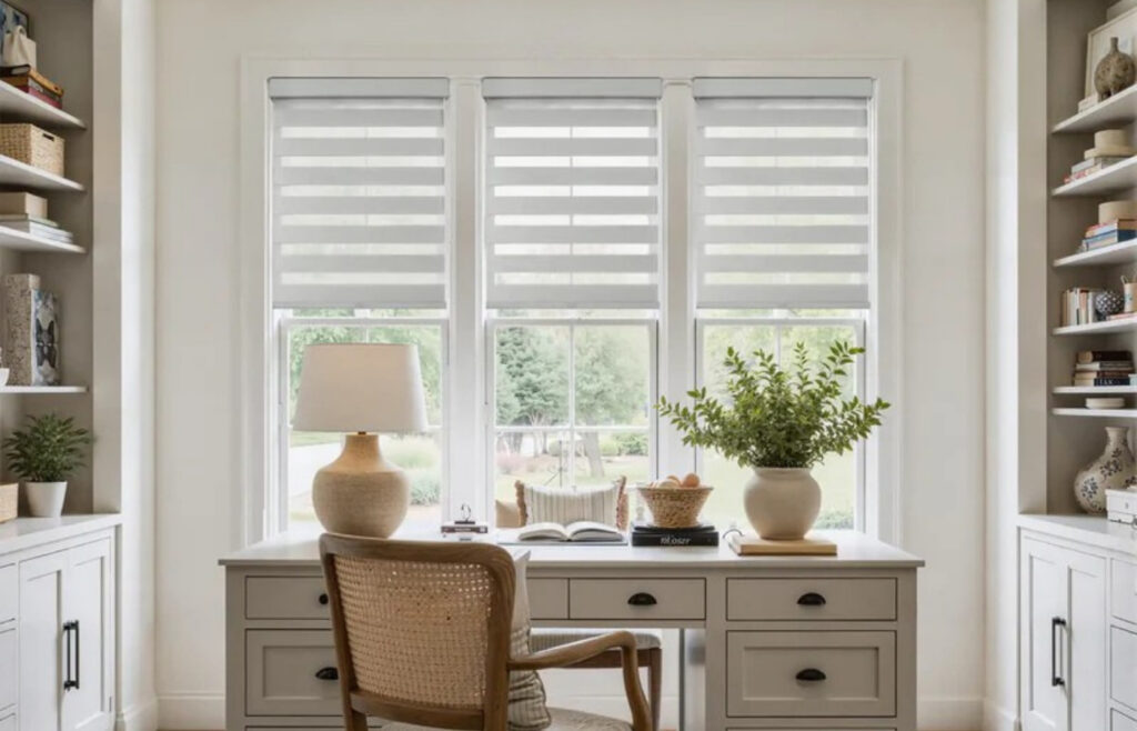 Stores alternés gris installés dans un bureau à domicile lumineux et moderne