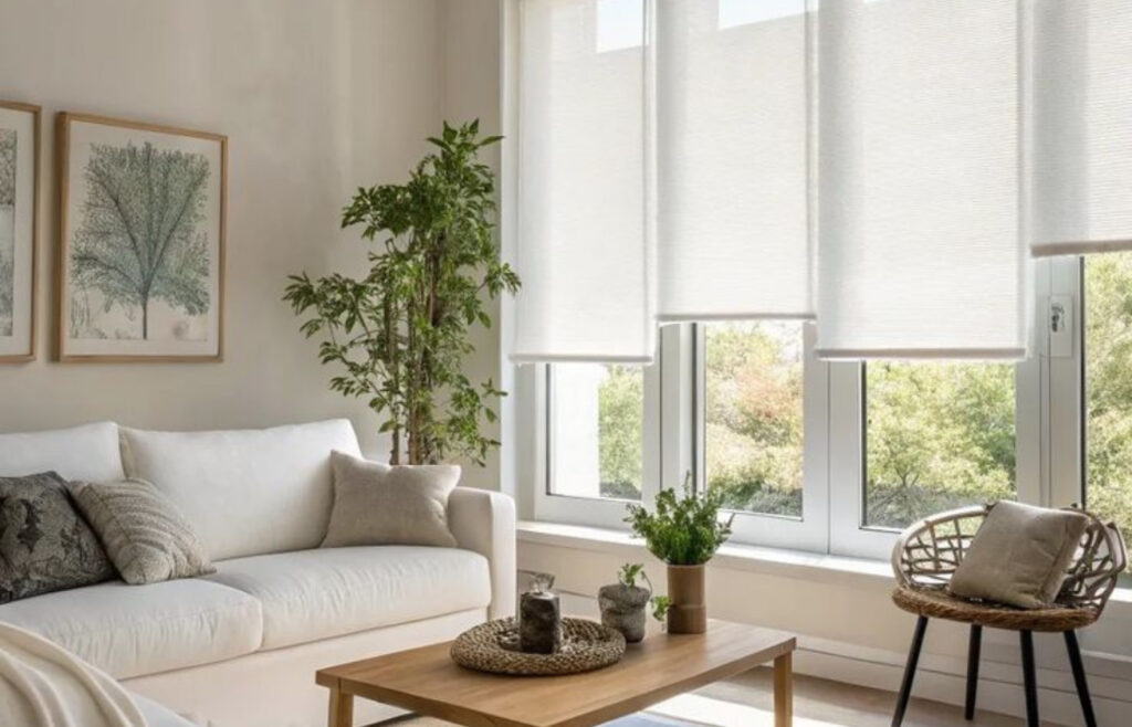 Toile à rouleau filtrante installée dans un salon lumineux diffusant la lumière tout en préservant l’intimité