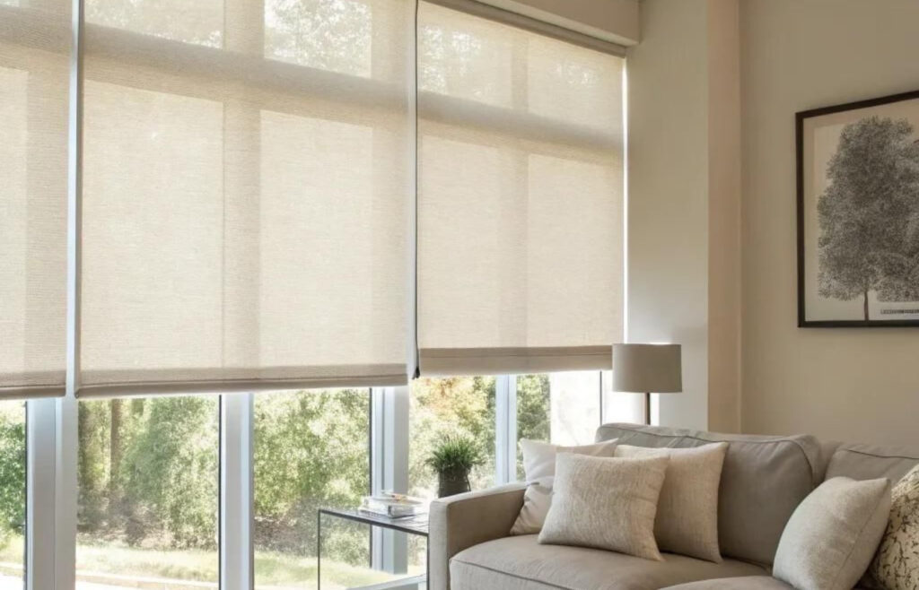 Toile à rouleau solaire installée dans un salon moderne filtrant la lumière tout en conservant la vue extérieure