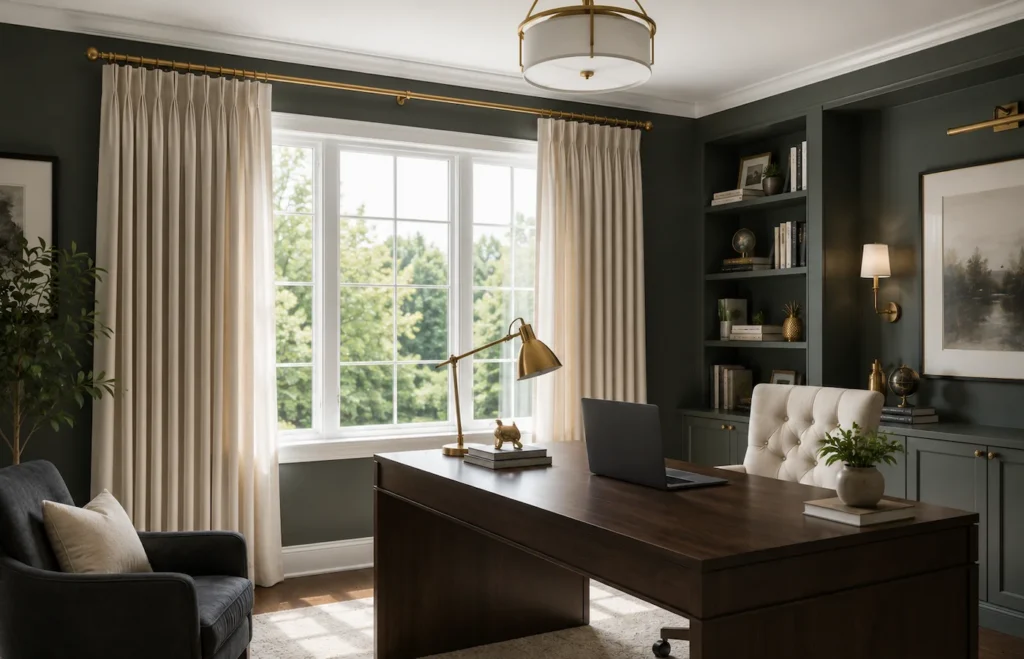 Bureau à domicile élégant avec rideaux à plis français installés sur une pôle décorative dorée devant une grande fenêtre laissant entrer la lumière naturelle.