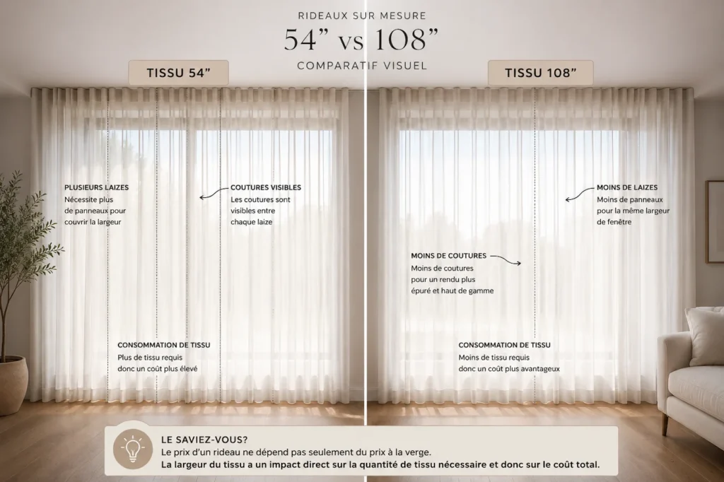 Infographie comparant un rideau fabriqué avec un tissu de 54 pouces de largeur à un rideau fabriqué avec un tissu de 108 pouces, illustrant les différences de laizes, de coutures et de consommation de tissu.