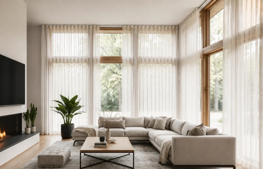 Grand salon avec plafond double hauteur et rideaux ripplefold blancs installés sur rail au plafond devant de vastes fenêtres laissant entrer une abondante lumière naturelle.