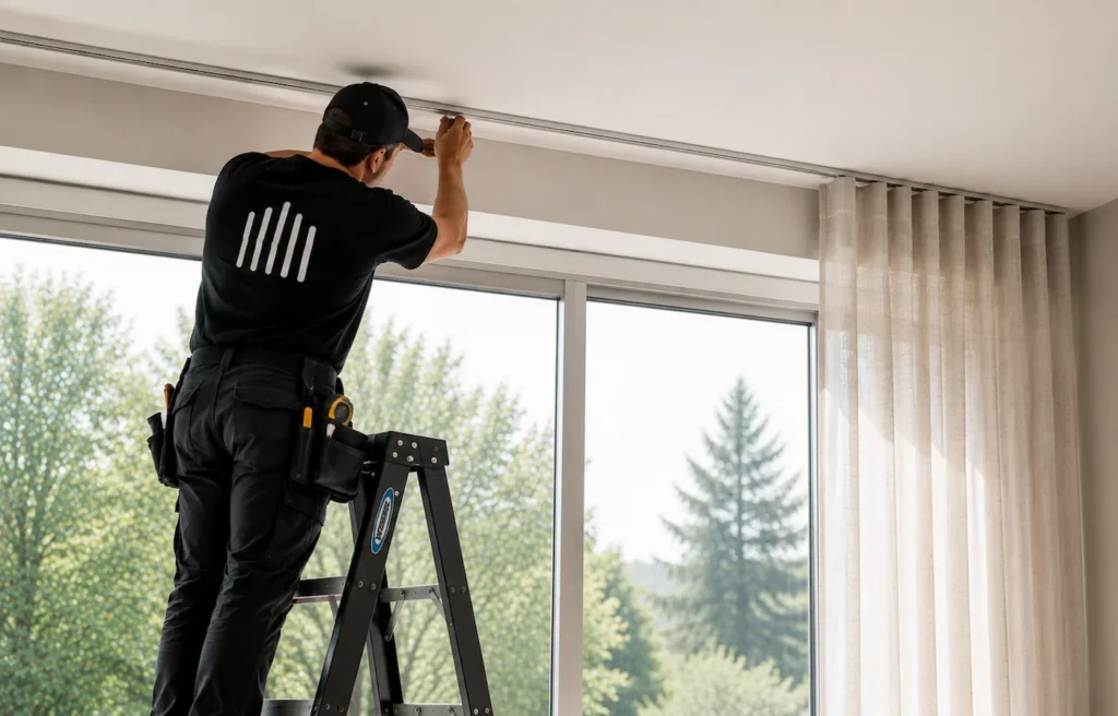 Installateur sur un escabeau installant un rail DS au plafond devant une grande fenêtre dans un salon résidentiel lumineux.