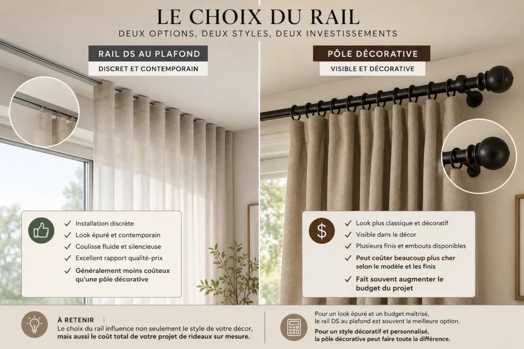 Comparatif visuel entre un rail DS installé au plafond et une pôle décorative noire pour rideaux sur mesure, illustrant leurs différences esthétiques et leur impact sur le budget.