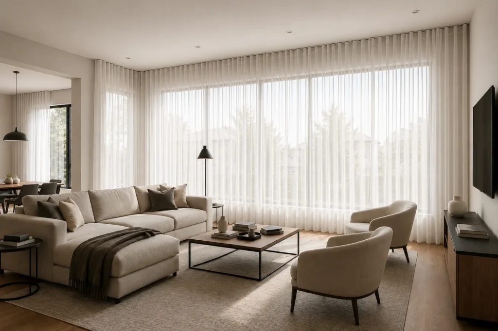 Grand salon contemporain avec rideaux ripplefold blancs installés sur rail DS au plafond devant de larges fenêtres laissant entrer une abondante lumière naturelle.