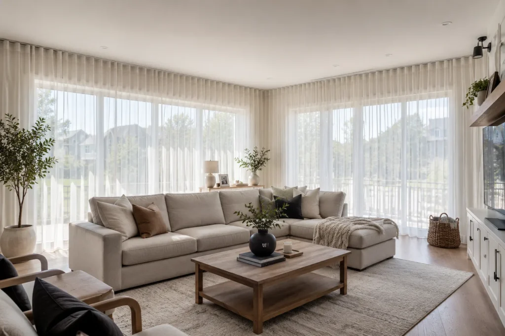 Grand salon familial lumineux avec rideaux ripplefold blancs installés sur rail au plafond devant de larges fenêtres laissant entrer une abondante lumière naturelle.