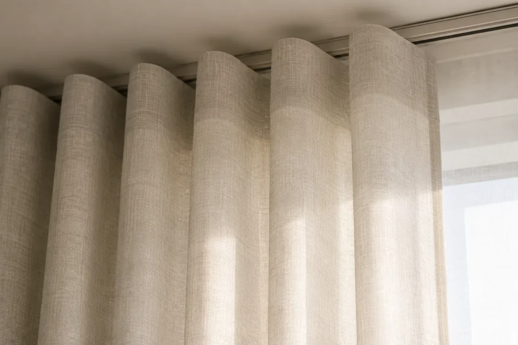 Gros plan d'un rideau ripplefold sur mesure en tissu texturé beige clair installé sur rail DS au plafond, éclairé par la lumière naturelle.