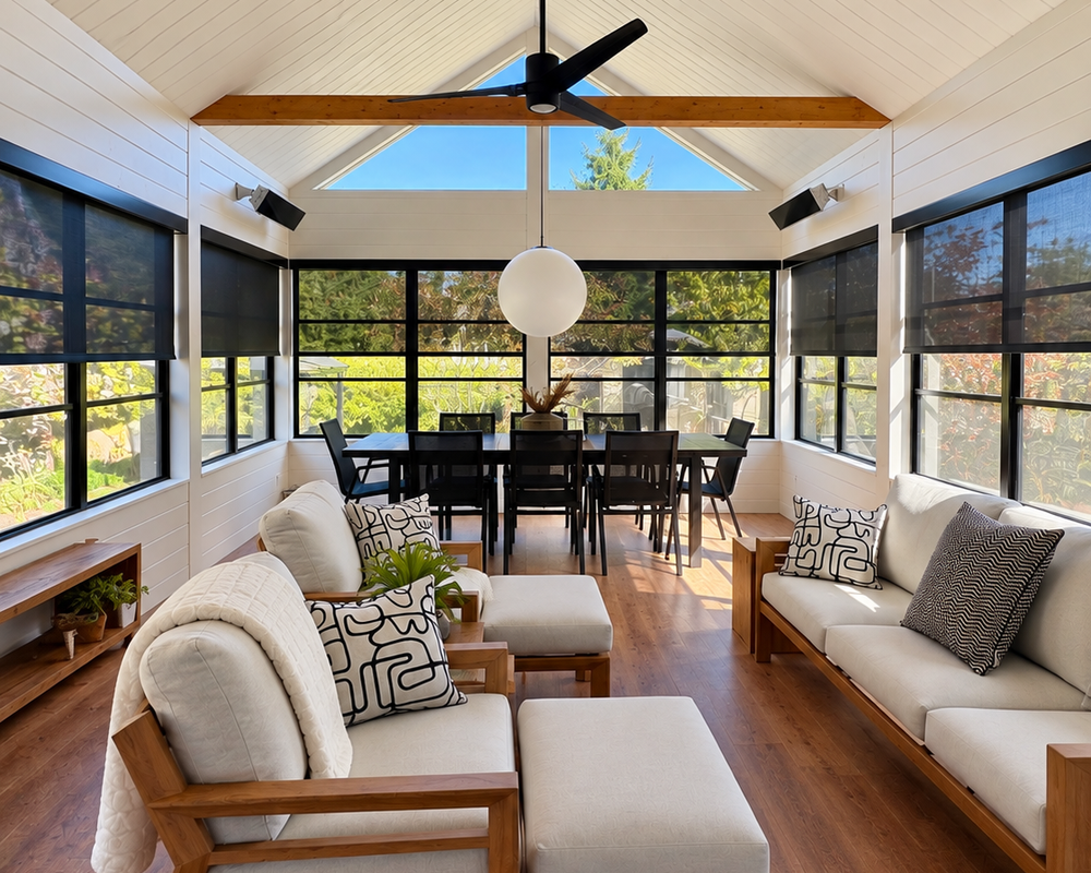 Solarium lumineux avec toiles solaires noires sur mesure et fascias noirs installés sur les fenêtres.