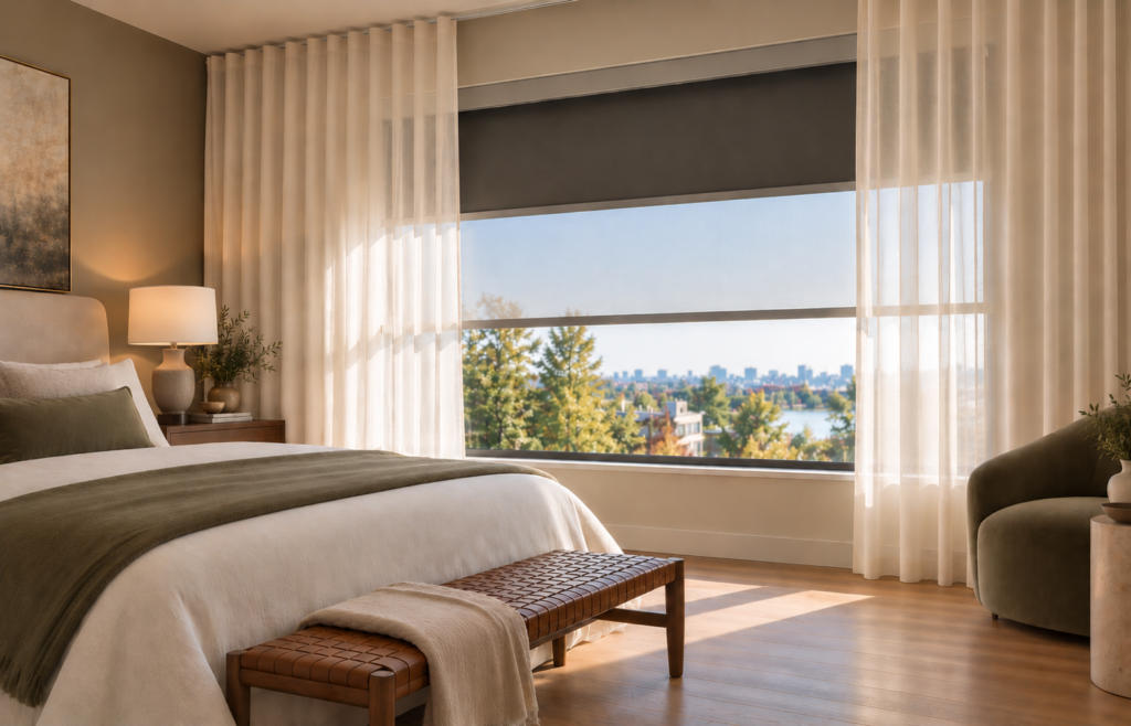 Chambre avec toile double sur mesure et voilage ripplefold devant la fenêtre