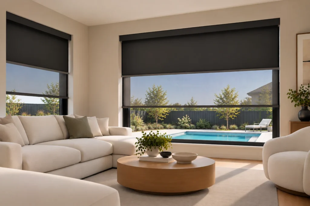 Salon lumineux avec deux fenêtres équipées de toiles doubles sur mesure noires donnant sur une piscine
